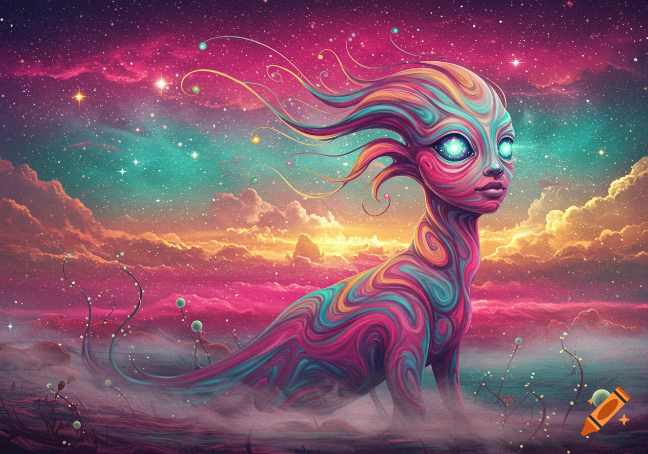 A vibrant, psychedelic alien creature with glowing eyes sits in a cosmic landscape of pink, teal, and orange clouds.