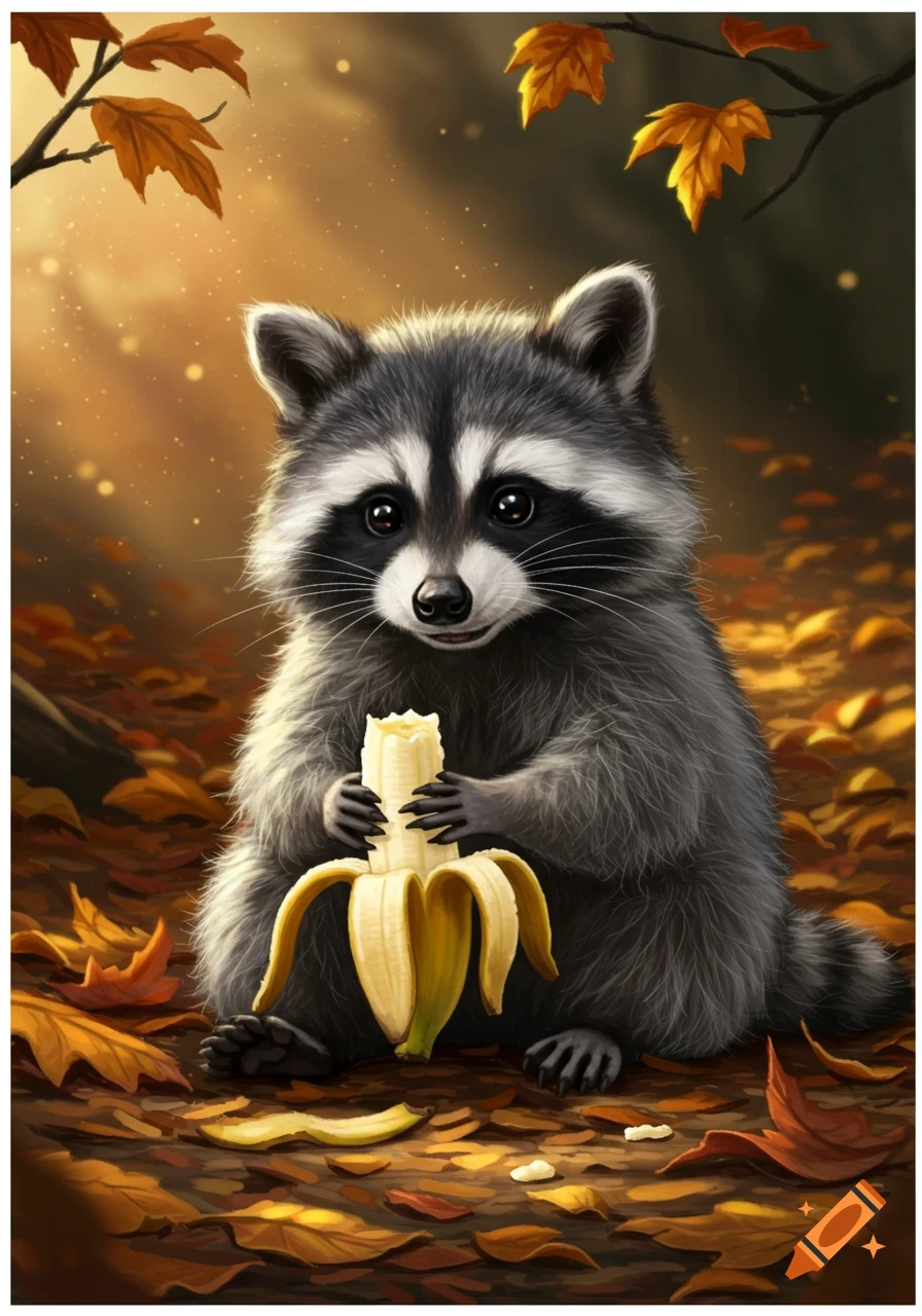 An illustrated cute raccoon sitting on fallen autumn leaves, holding a half-peeled banana.