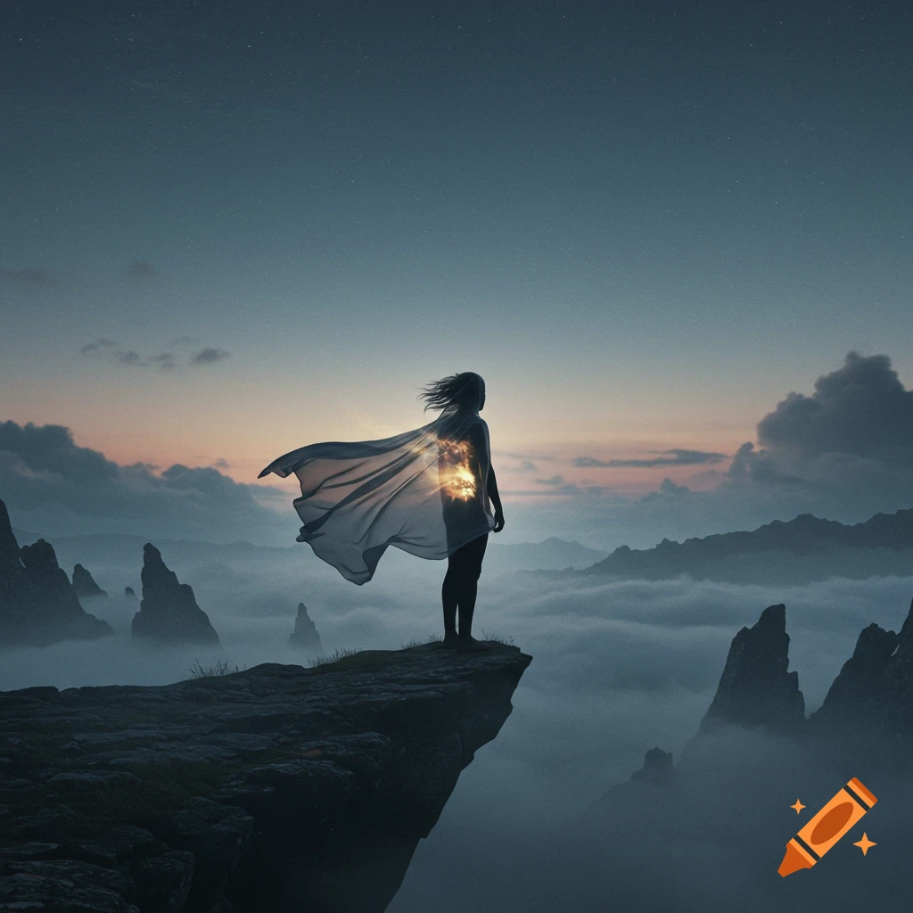 A person in a flowing cape stands on a cliff overlooking a cloudy mountain landscape at dusk, with light glowing from their back.