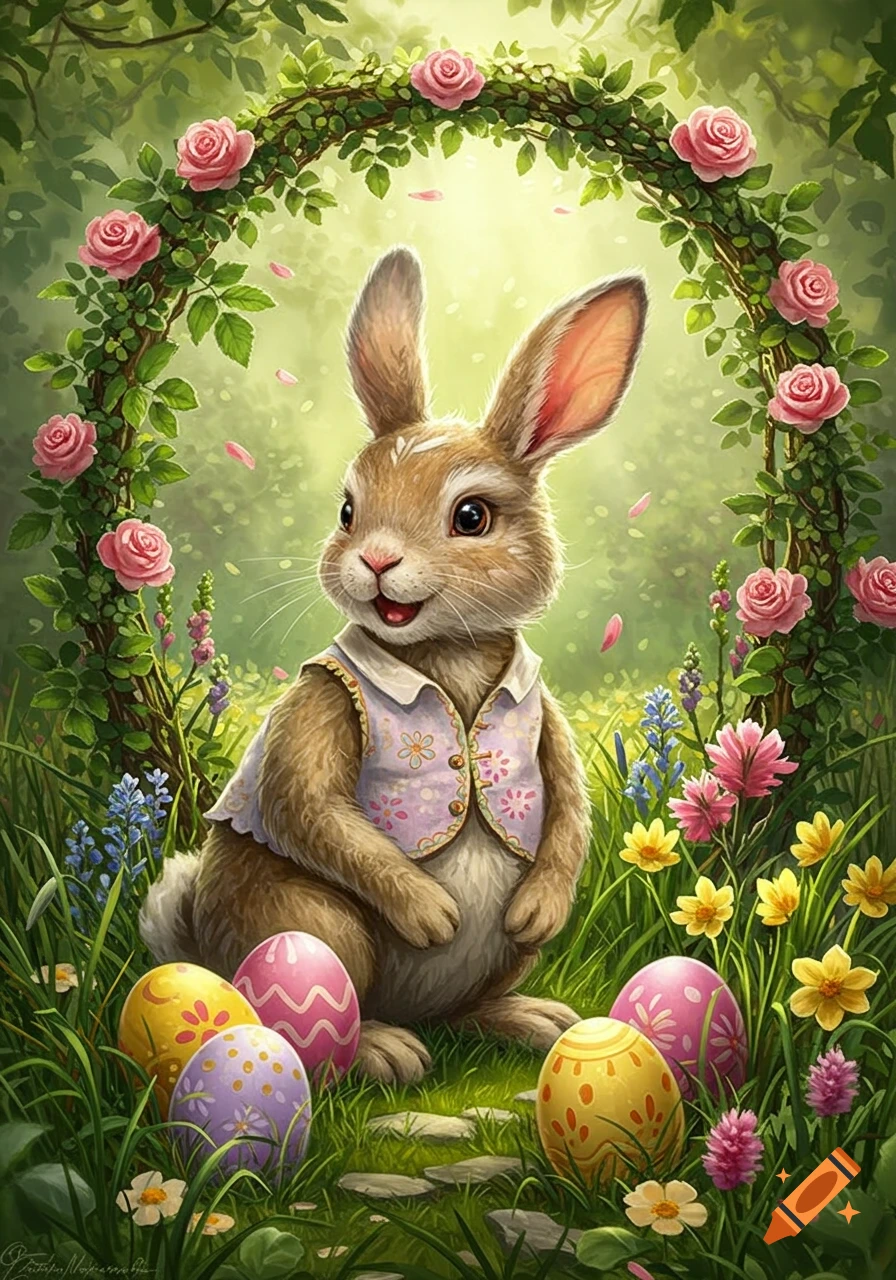 A cute brown bunny in a vest sits among colorful Easter eggs and flowers, framed by a rose arch in a whimsical garden.
