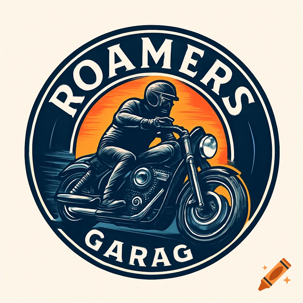 A circular logo with a dark blue border, featuring a biker on a motorcycle in black silhouette against an orange sunset, with 'ROAMERS GARAG' text.