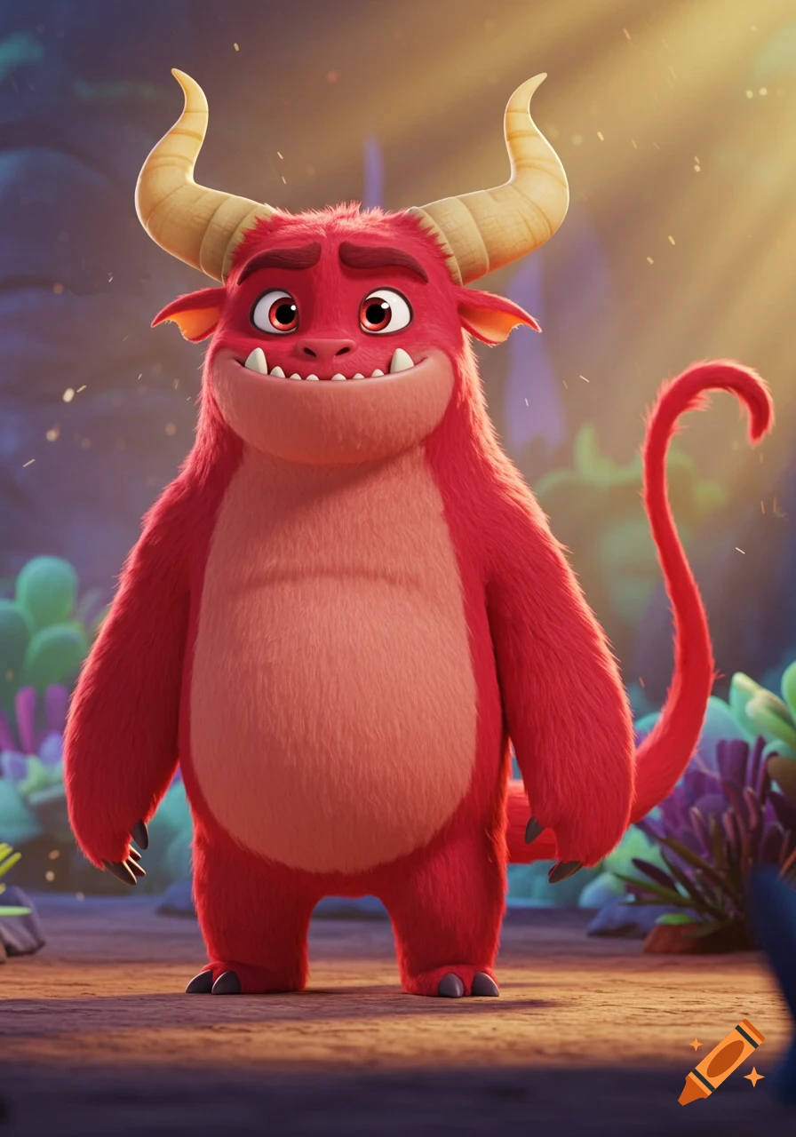 A cute, furry, red cartoon monster with large beige horns, sharp teeth, and a long tail stands in a fantastical, brightly lit setting.
