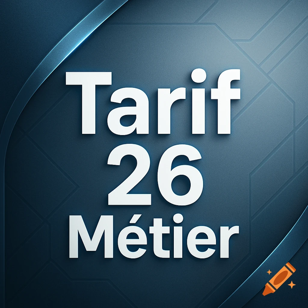 Graphic design with the white text "Tarif 26 Métier" on a dark blue background with subtle lines.