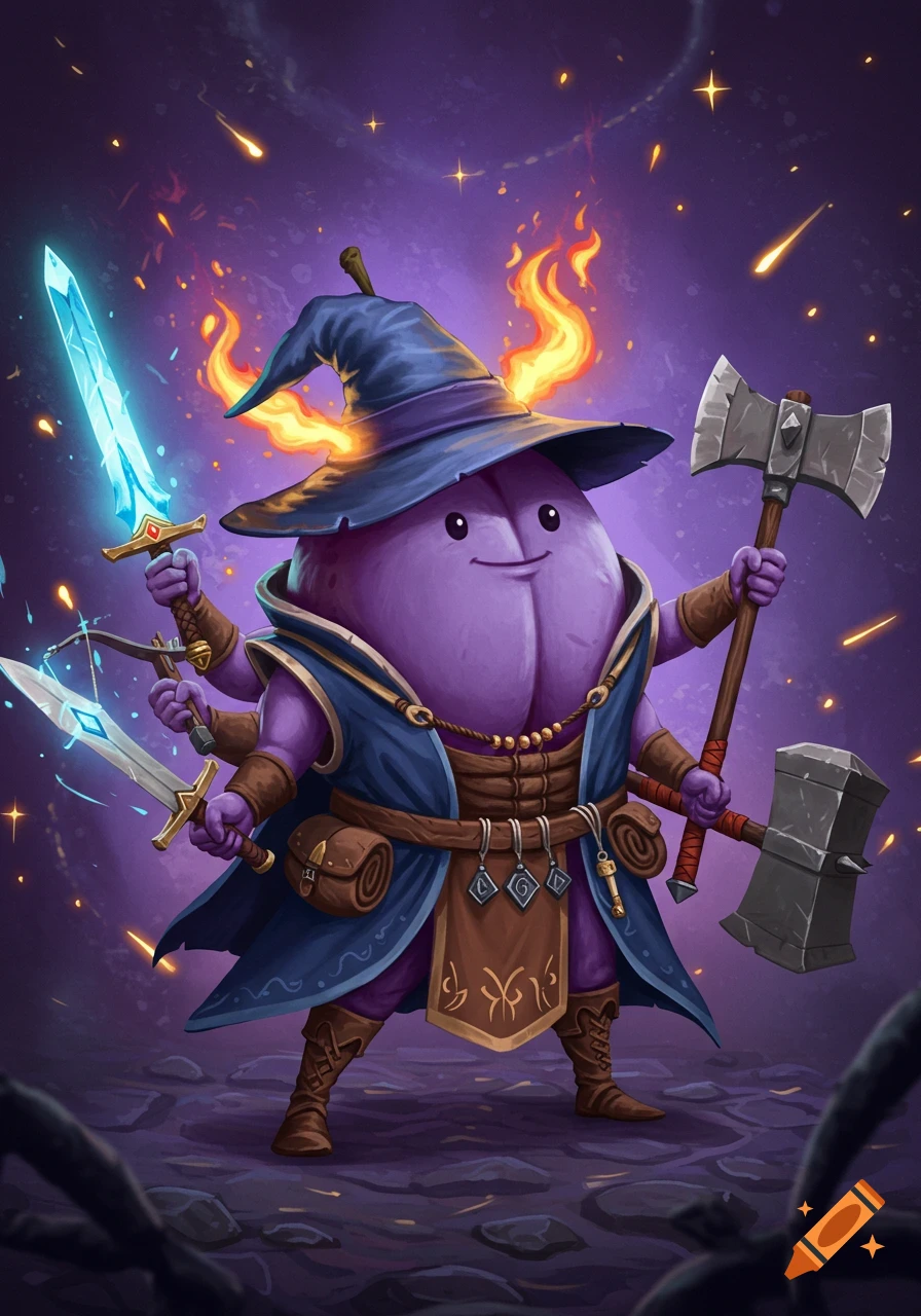A multi-armed purple plum wizard, wearing a blue robe and conical hat with flames, holds a glowing sword, crossbow, axe, and warhammer against a starry purple sky.