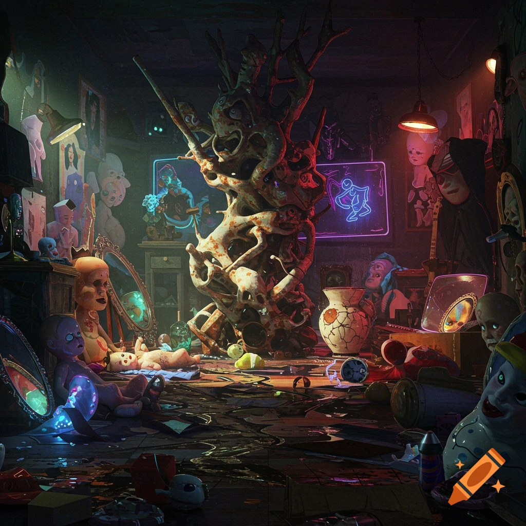 A dark, cluttered, surreal room filled with grotesque dolls, a gnarled sculpture, and neon lights in a horror style.