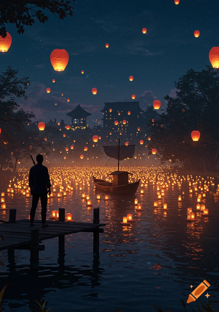Man on a jetty at night viewing a river filled with glowing lanterns, more lanterns in the sky above traditional Japanese buildings.