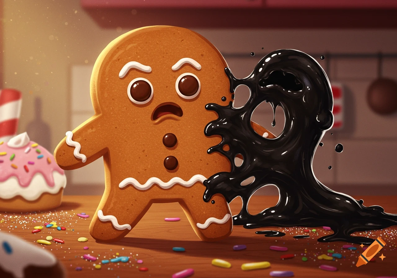A frightened gingerbread man is partially covered by a blob of shiny black slime on a sprinkle-strewn wooden table, with desserts in the background.