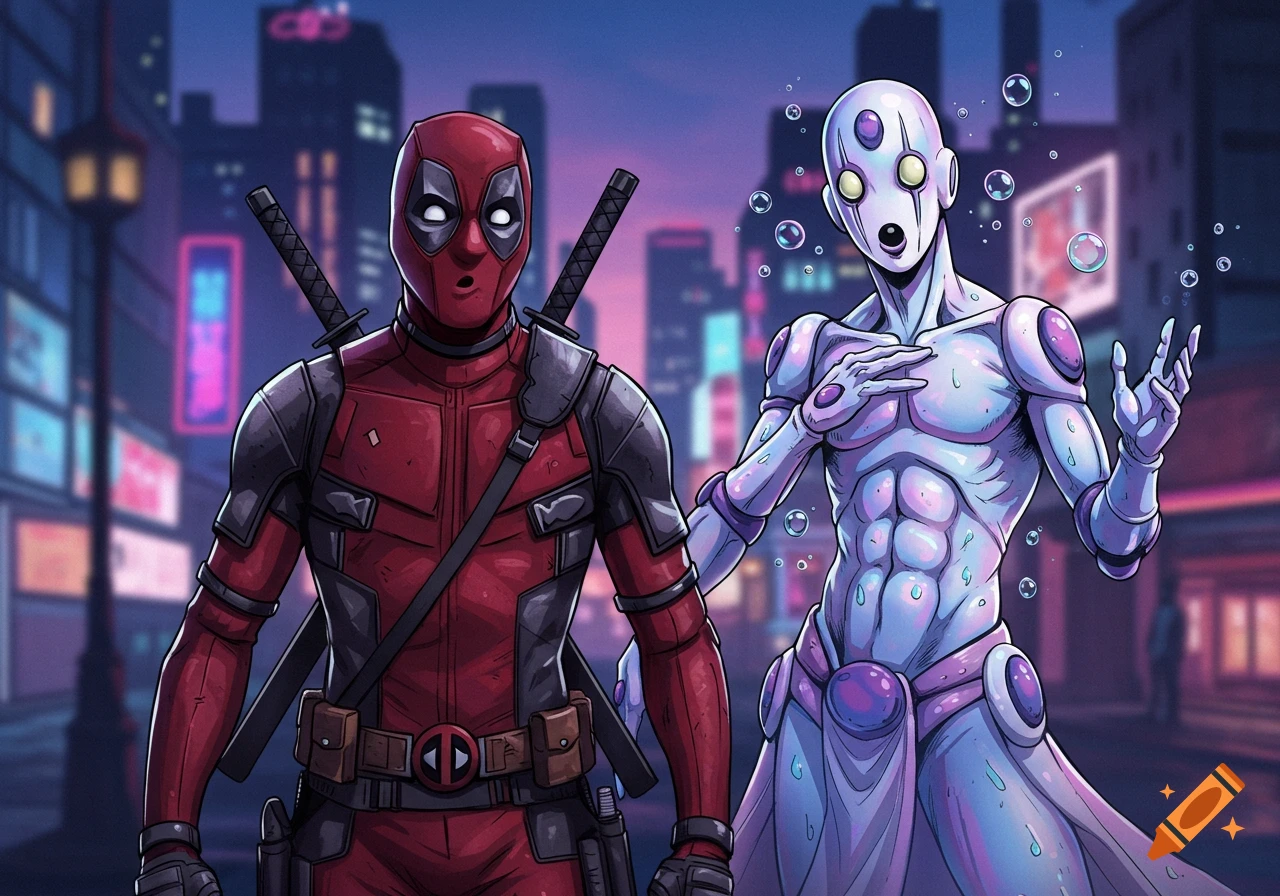Deadpool and Soft & Wet from Jojo's Bizarre Adventure stand surprised in a vibrant, neon-lit city at night, comic art style.