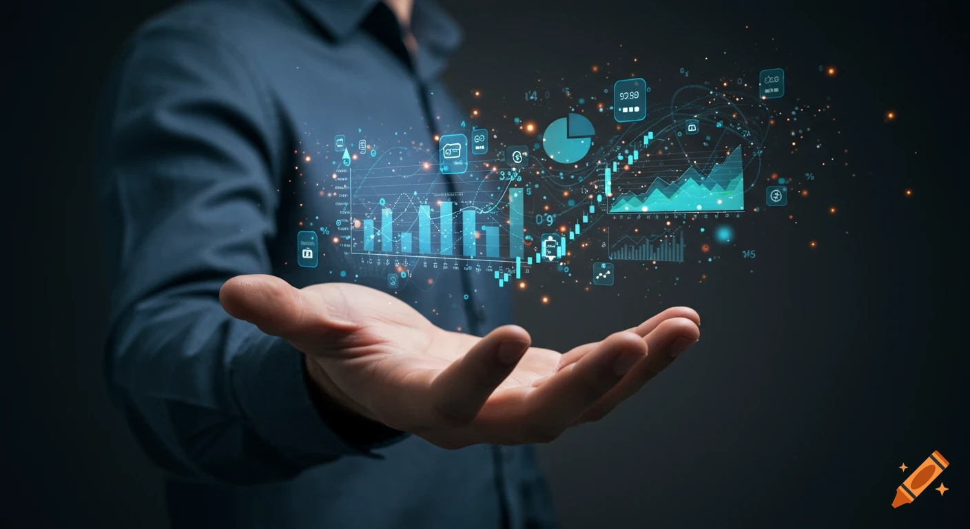 A blurred hand holds a glowing holographic display of financial charts and data, representing business control.