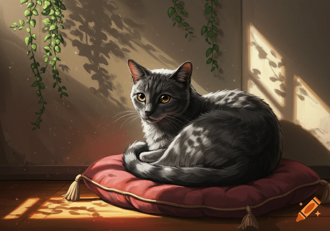 A grey cat with bright yellow eyes rests on a red cushion in a sunlit room, with shadows of plants on the wall and floor.