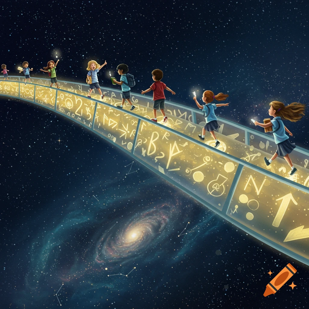 Children walk on a luminous bridge adorned with glowing letters, numbers, and science symbols, spanning across a starry night sky with a spiral galaxy in the background.