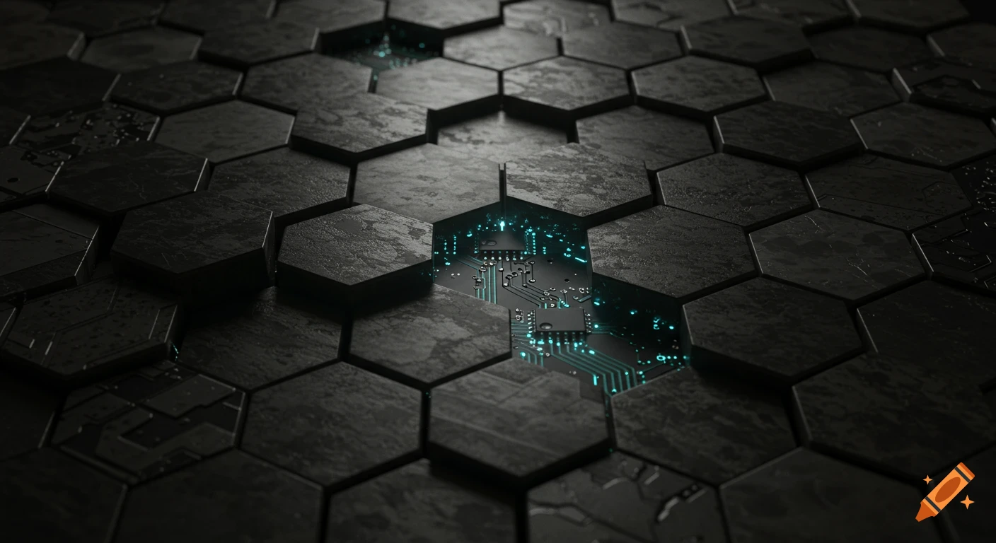 Dark 3D hexagonal tile grid with varied textures; some tiles reveal a glowing circuit board in a futuristic industrial style.