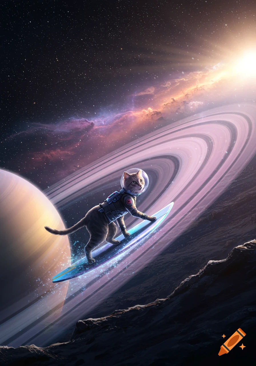 A tabby cat in an astronaut suit surfs a glowing board near Saturn's rings, with a nebula and stars in the background.