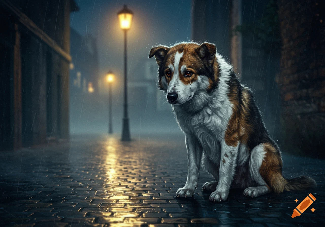 A sad, brown and white dog sits on a wet cobblestone street in the rain at night, illuminated by glowing lampposts.