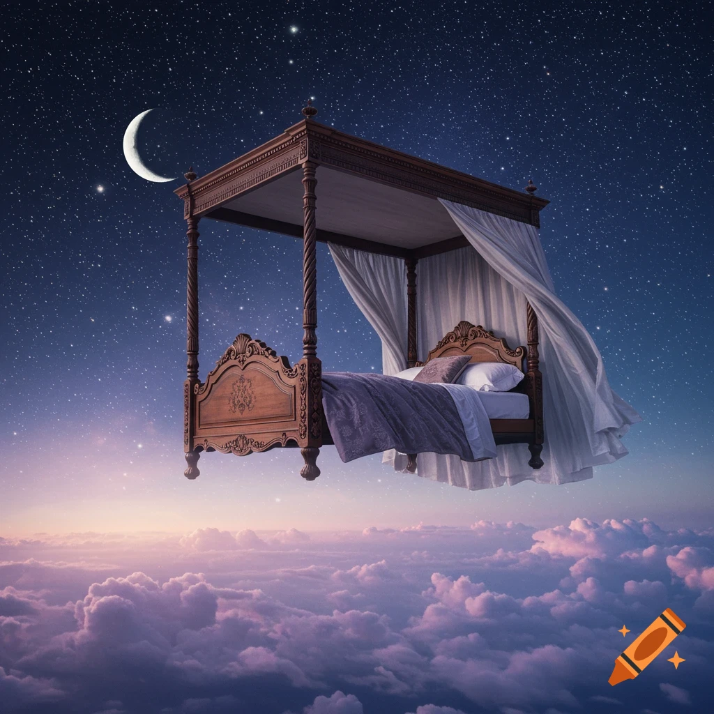 An ornate wooden four-poster bed with white drapes floats above purple-pink clouds under a dark blue starry night sky with a crescent moon.