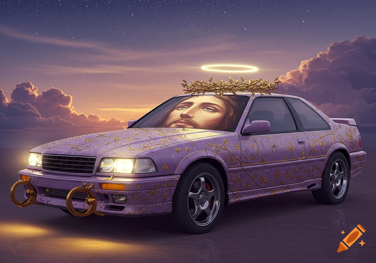 A purple car with gold filigree, Jesus's face in the windshield, a crown of thorns, and a halo, against a starry twilight sky.