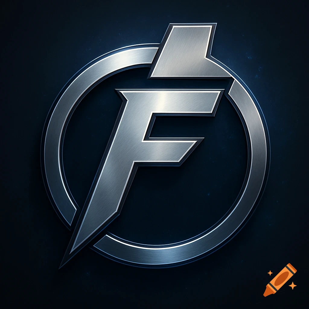 A metallic, stylized silver letter F inside a circular emblem, resembling a superhero logo, on a dark blue background.