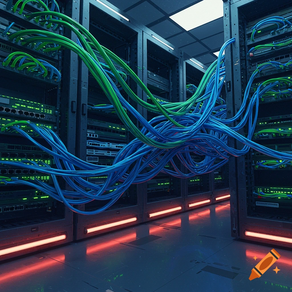 Blue and green network cables weave through a futuristic server room with glowing green and red lights, reflecting on the floor.