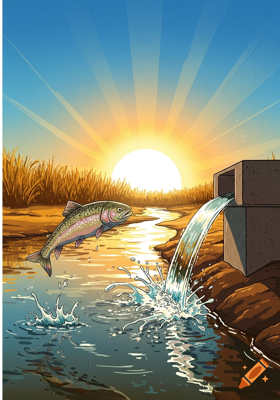 A vibrant cartoon image of a fish jumping from a river next to a concrete pipe, under a blazing sunset with dry vegetation.