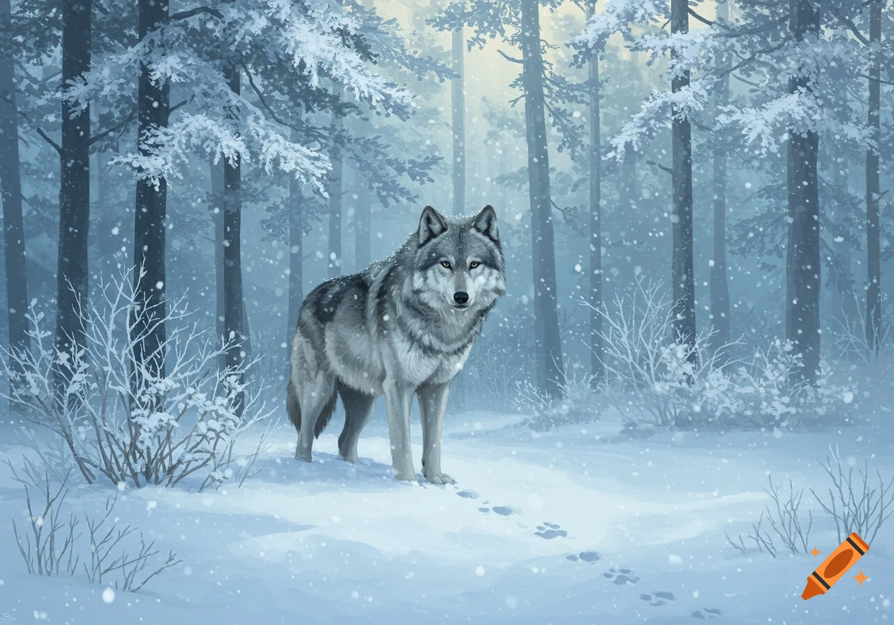 A gray wolf stands in a snowy forest as snow falls, stylized illustration.