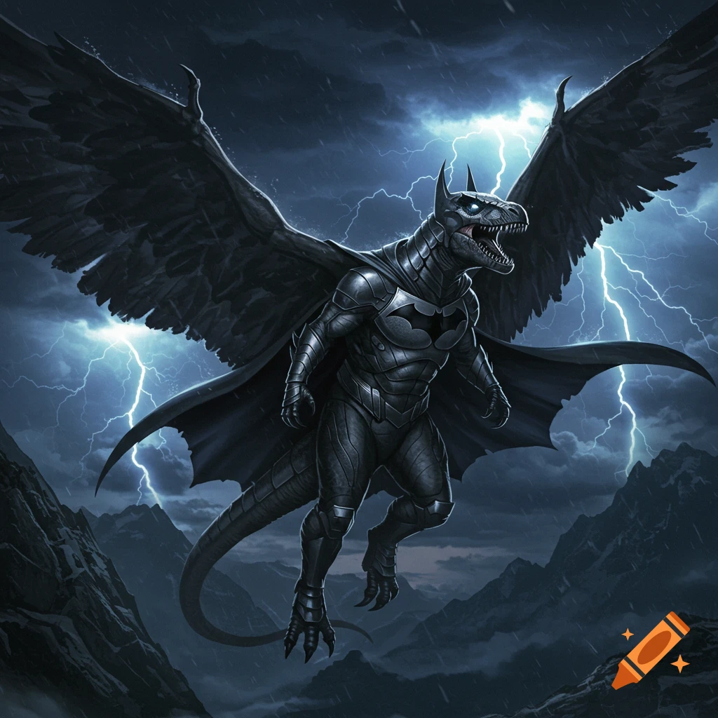 A winged, dinosaur-like creature in a Batman suit with glowing blue eyes flies through a dark, stormy sky with lightning over mountains.