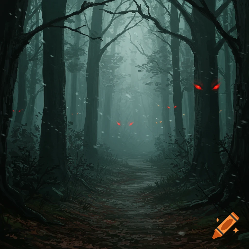 A dark, misty forest trail with bare trees, glowing red eyes hidden among the foliage, and fallen leaves on the ground.