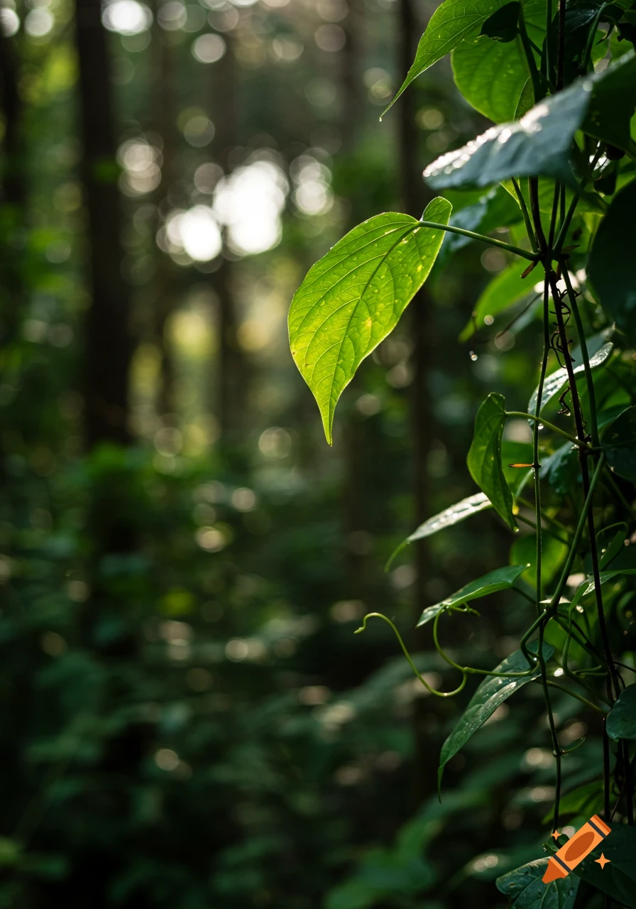 A close-up, sunlit view of a vibrant green leaf with water droplets, part of a vine-like plant in a deep green jungle with bokeh lights.