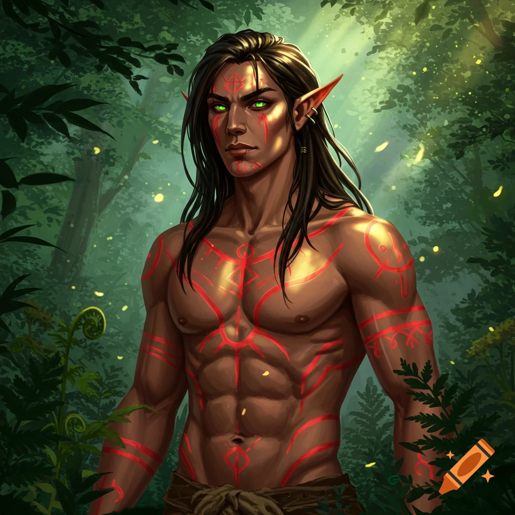 Muscular male elf-like figure with long dark hair, glowing green eyes, and red body tattoos stands in a sun-dappled forest.