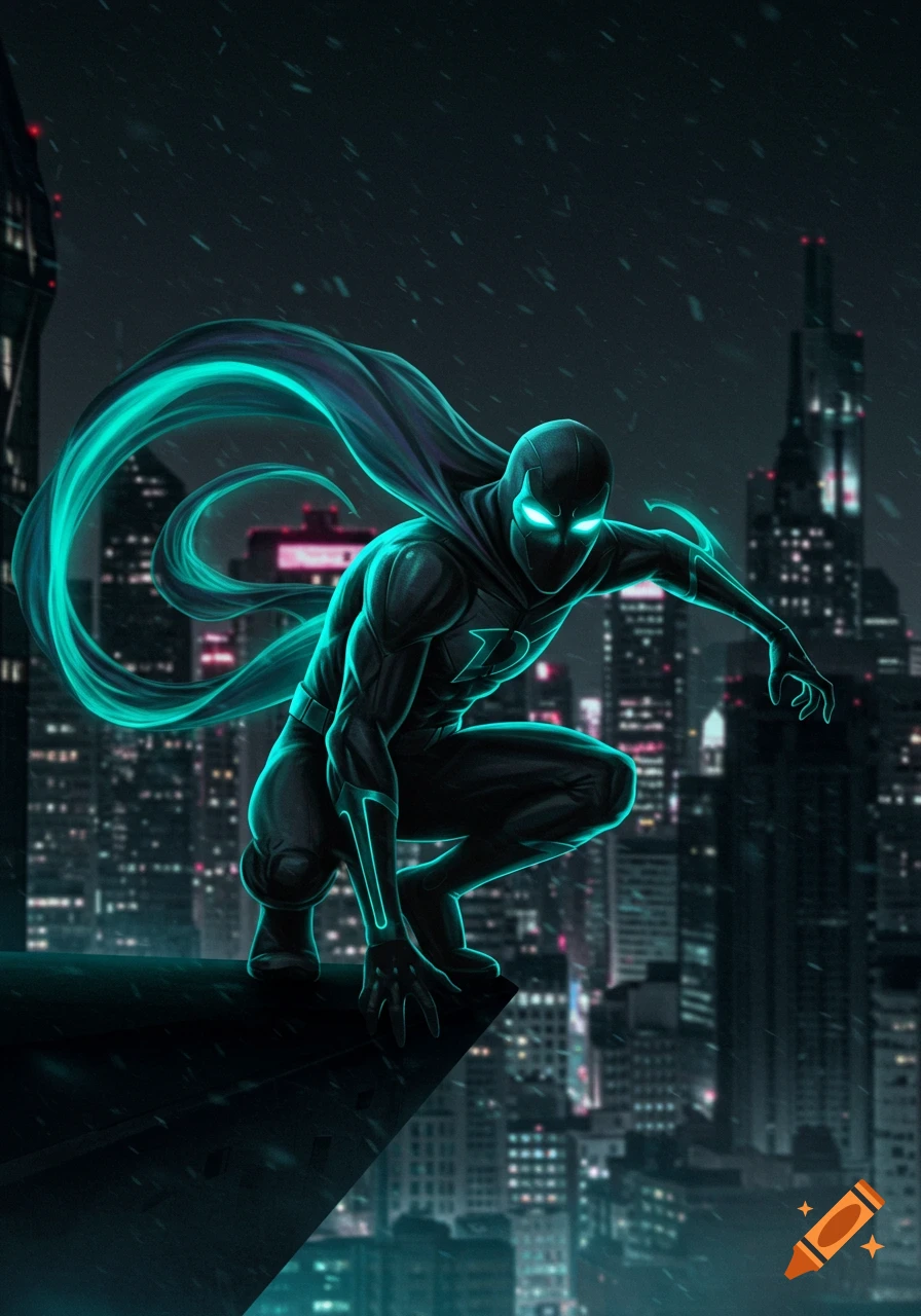 A dark cloaked superhero with glowing aqua eyes and accents crouches on a rooftop overlooking a futuristic city at night, under falling snow.