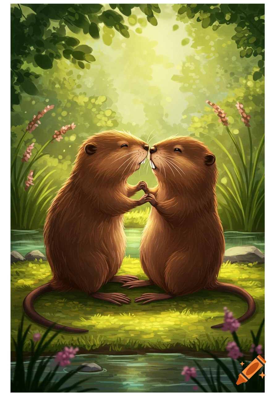A colorful illustration of two cute brown muskrats touching noses and holding paws in a lush green forest.