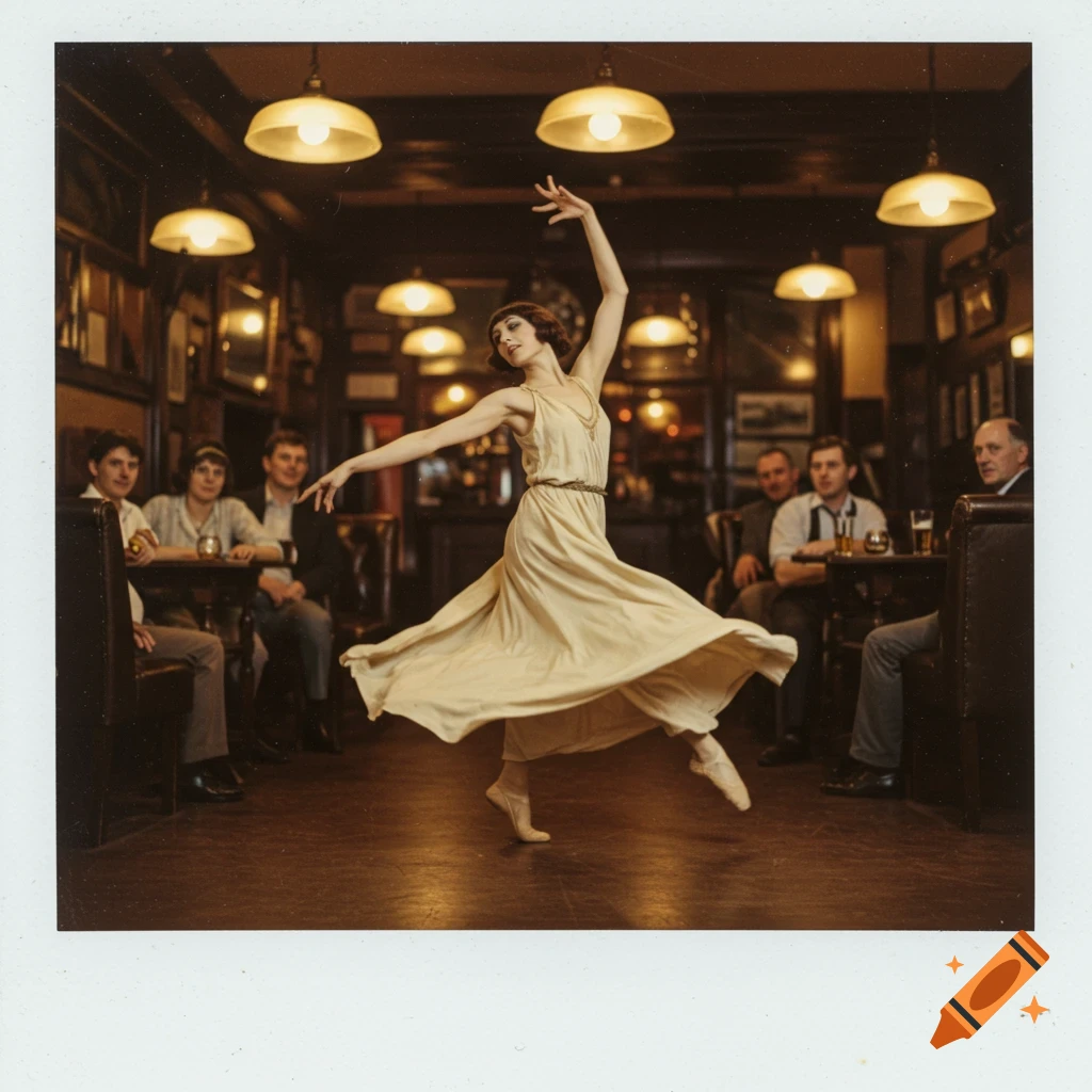 A female dancer in a flowing cream dress strikes a ballet pose in a dimly lit, vintage pub, with patrons watching, in a polaroid style photo.