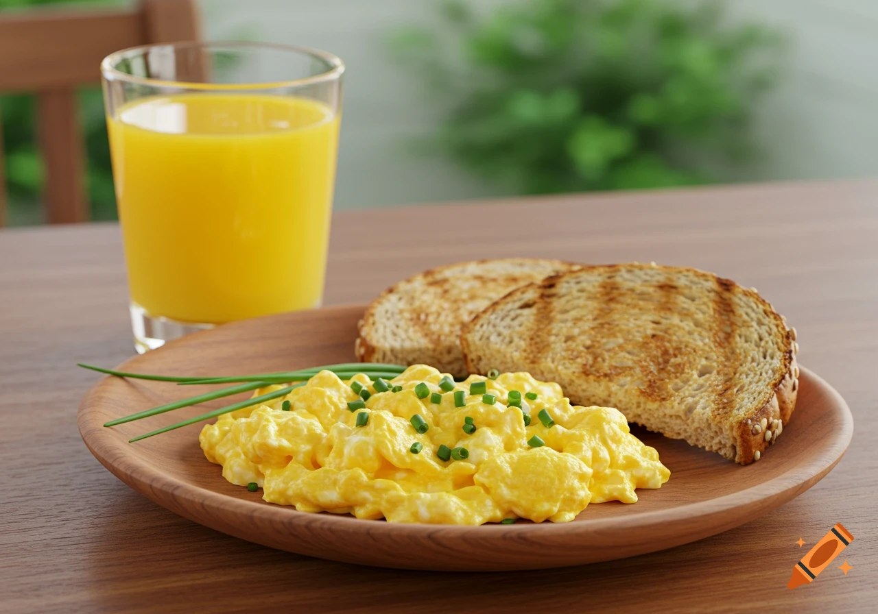 A breakfast setting with scrambled eggs topped with chives, two slices of whole wheat toast, and a glass of orange juice on a wooden plate. Photorealistic style.