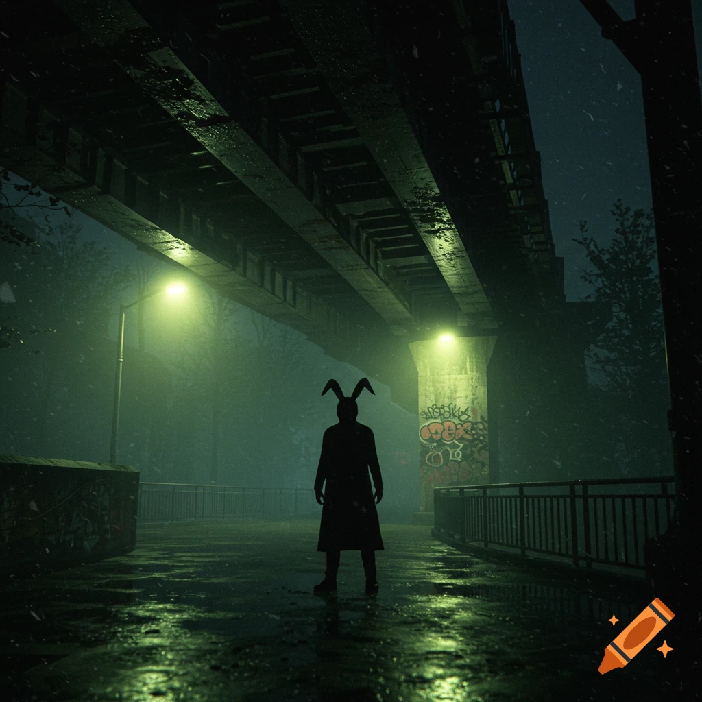 A mysterious silhouette wearing rabbit ears stands under a dark, foggy bridge at night, illuminated by green streetlights, with graffiti on a concrete pillar.