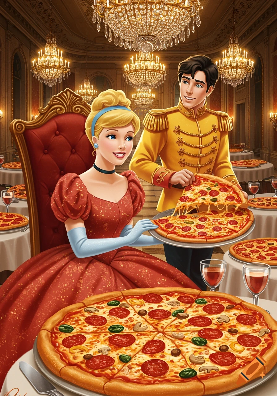 Cinderella and Prince Charming share pizza in a lavish palace ballroom filled with chandeliers.