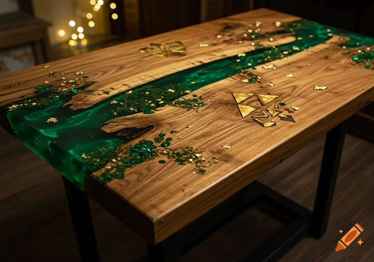 A close-up of a wood and emerald green resin table with golden flakes and shattered golden triangular shapes.