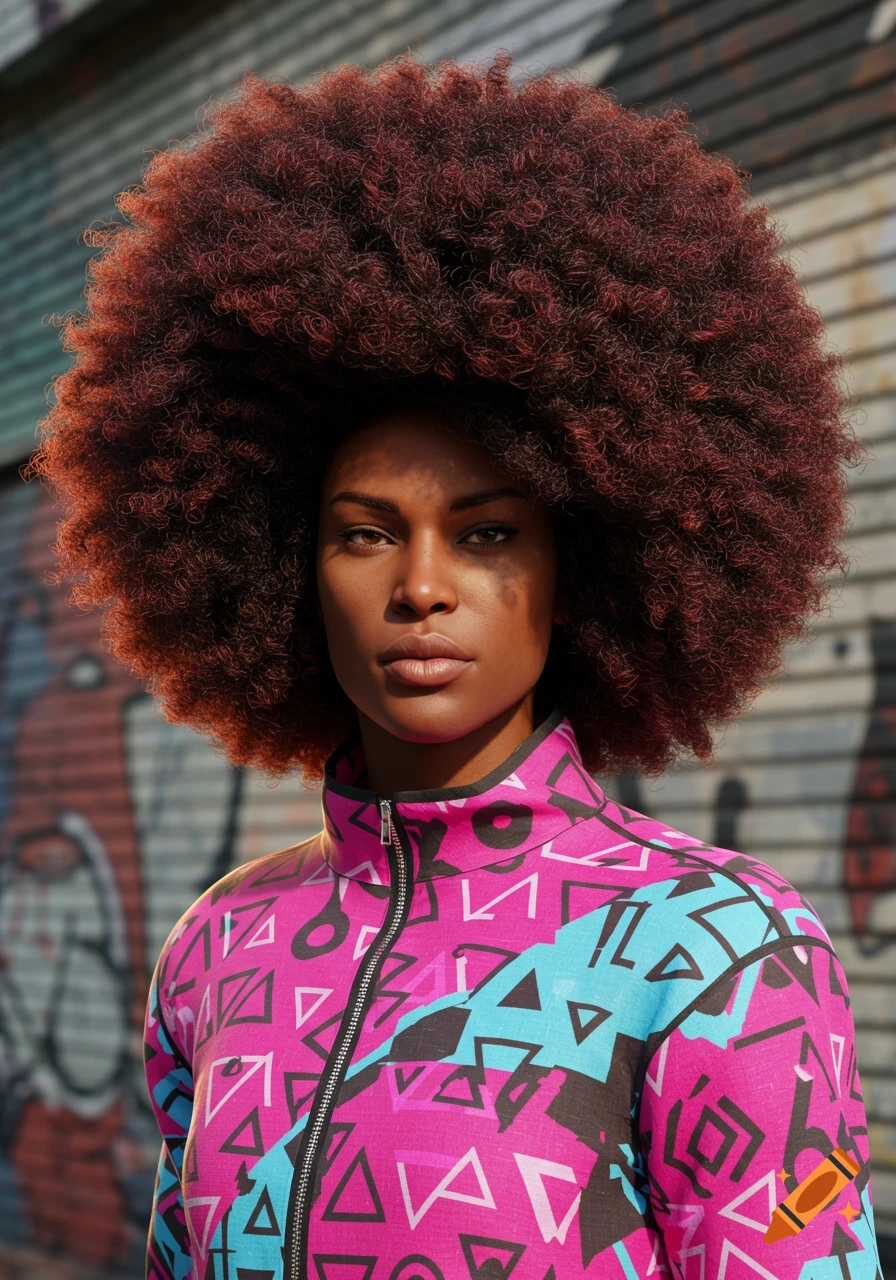 A close-up photorealistic portrait of a woman with a large afro, wearing a vibrant pink and blue geometric patterned jacket against a graffiti wall.