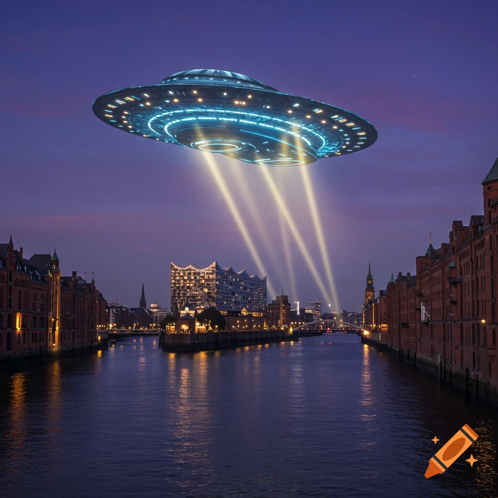 A detailed UFO with glowing lights hovers over a European city waterfront with historic buildings and a modern concert hall at dusk.