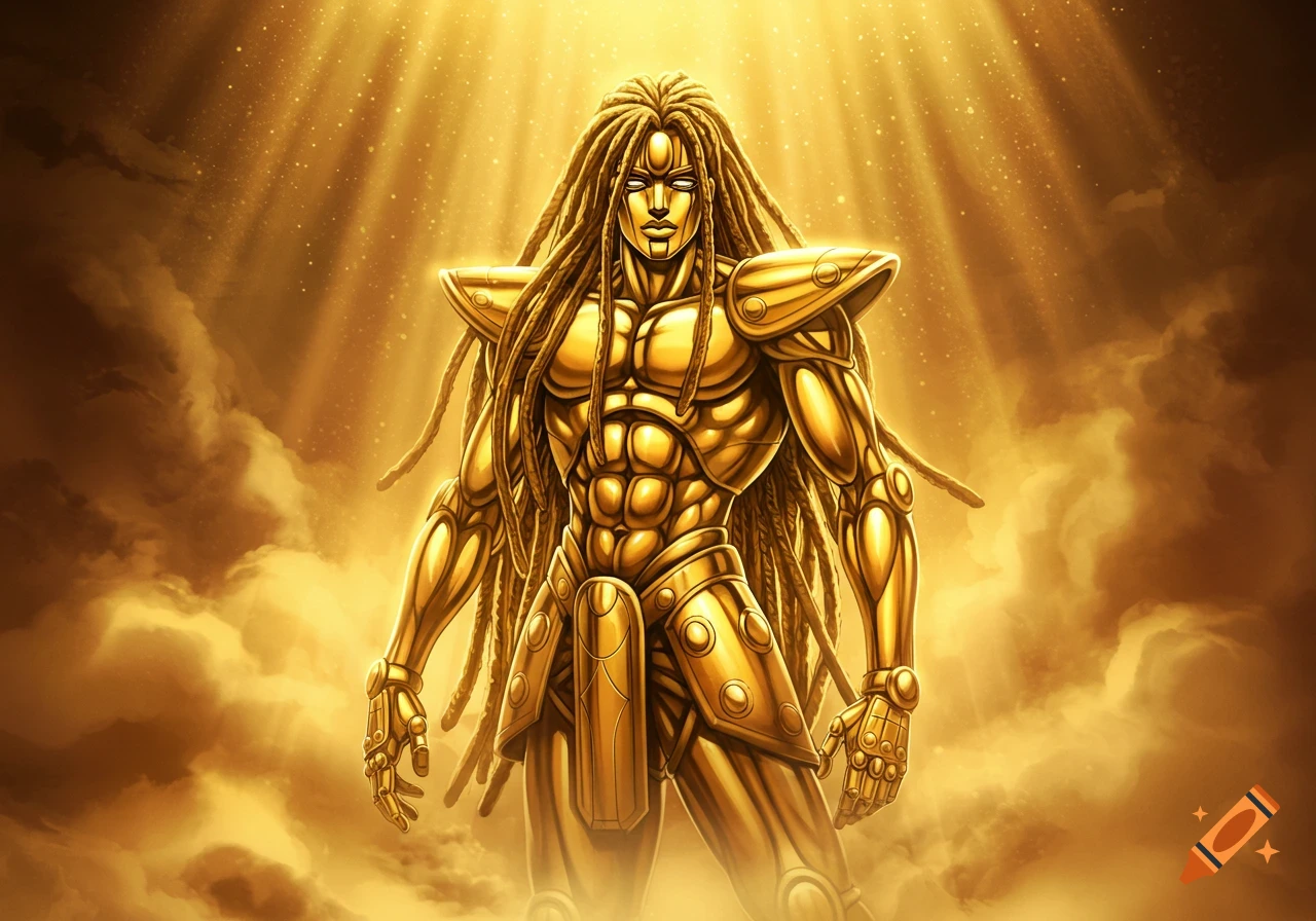 A golden, muscular humanoid figure with long dreadlocks and an armored body stands in a glowing golden sky, in an anime art style.