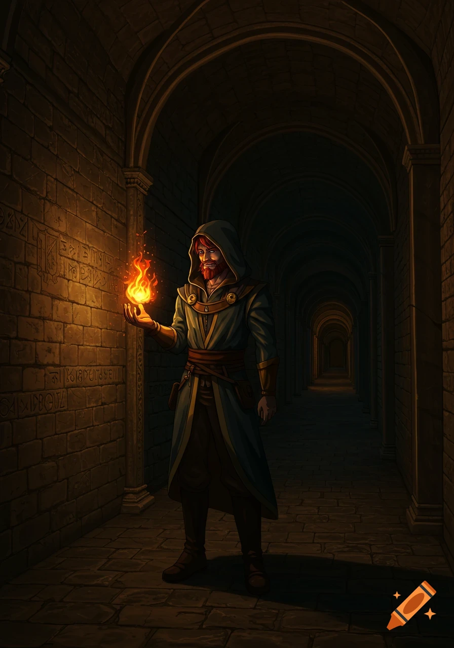 An anime-style hooded wizard with a red beard conjures a fireball in a dark, arched dungeon hallway.