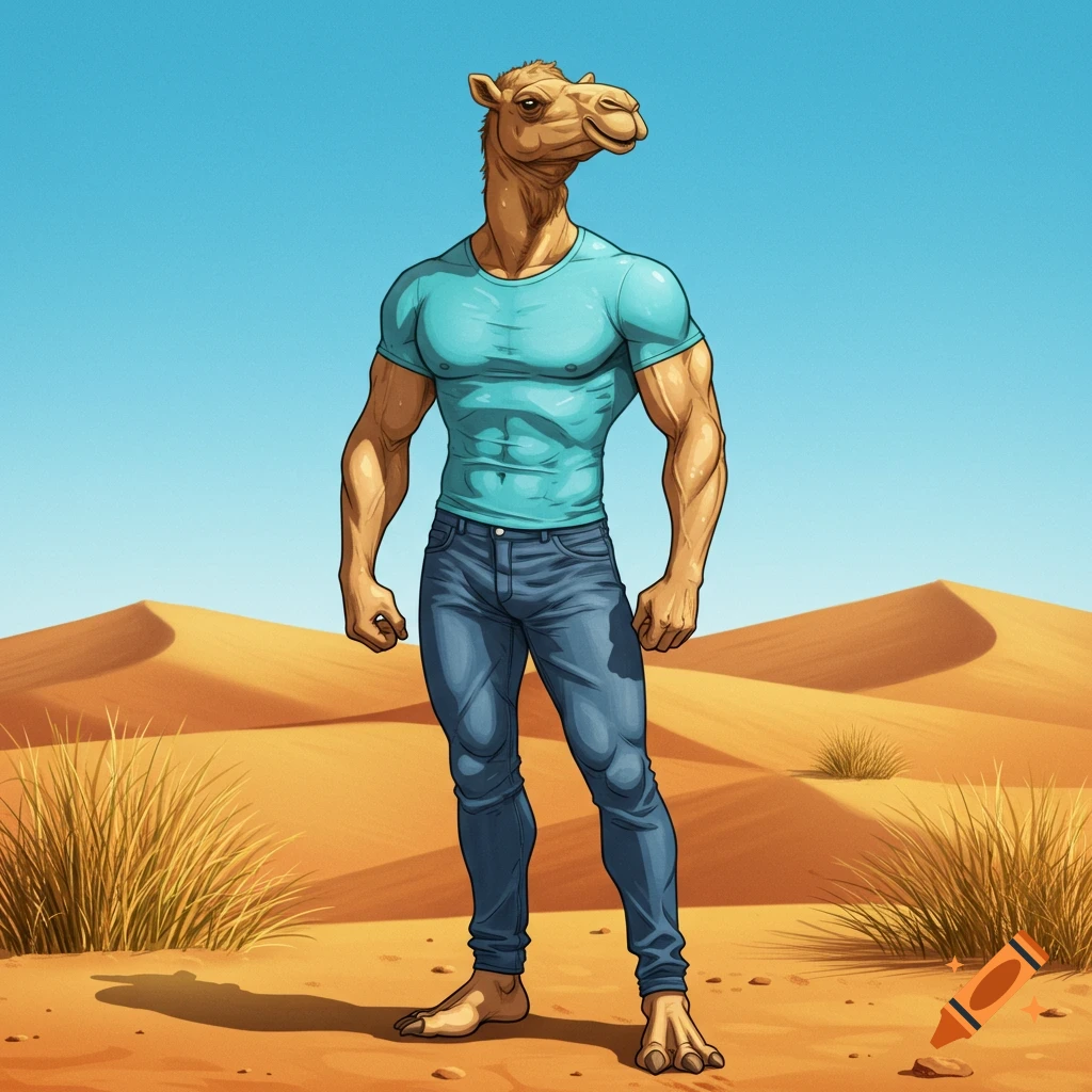 An anthropomorphic, buff camel in a cyan t-shirt and blue jeans stands in a desert with sand dunes, cartoon style.