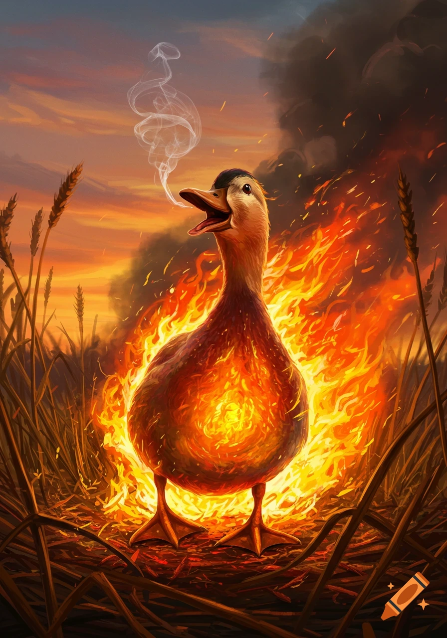 A fiery duck stands in a burning wheat field, smoke rising from its open beak at sunset.