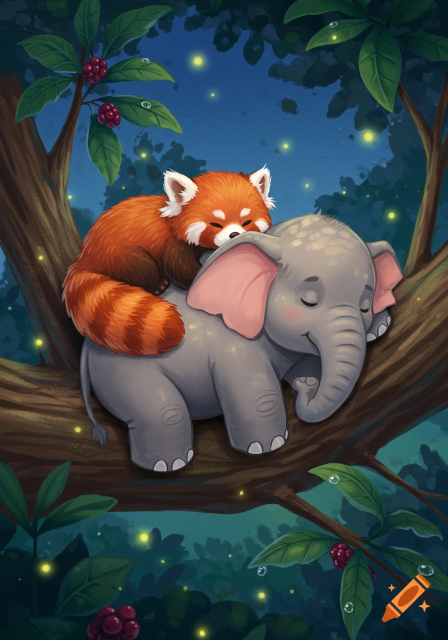 A cute cartoon red panda sleeps on the back of a large gray elephant, both resting on a tree branch at night with fireflies.