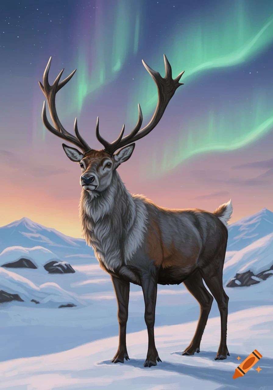 A majestic reindeer with large antlers stands in a snowy mountain landscape under a vibrant aurora borealis at dusk.