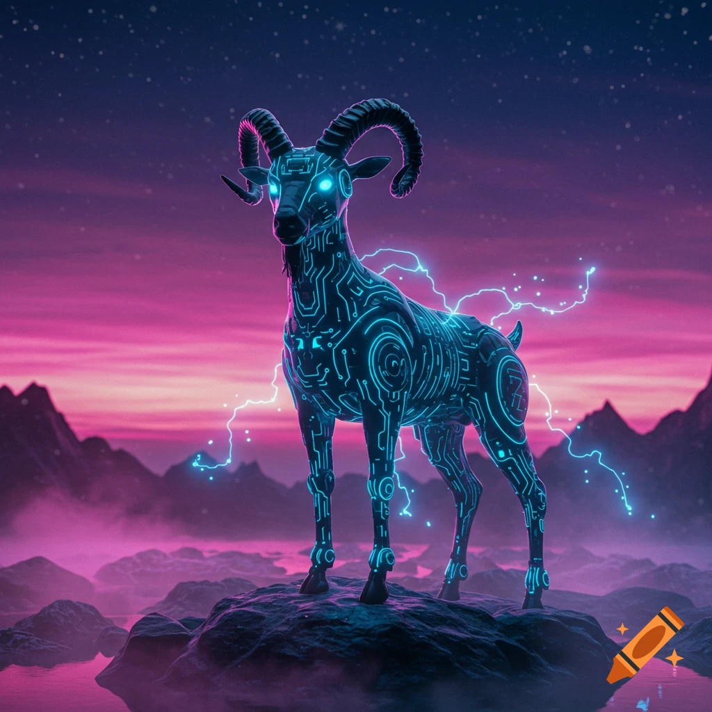 A cybernetic goat with glowing blue circuits and lightning stands on a rock under a pink and purple starry sky.