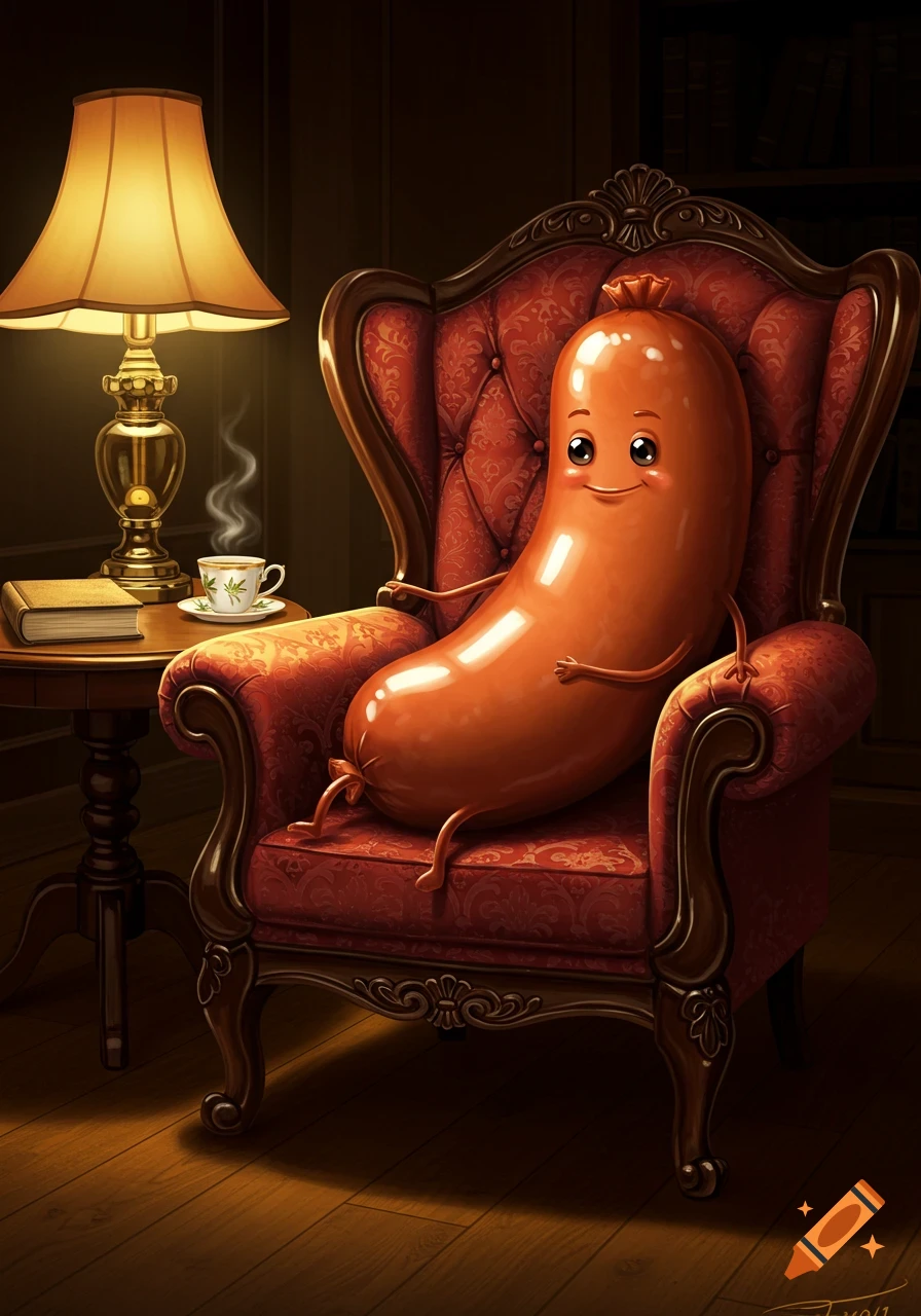 A whimsical cartoon sausage with a smiling face relaxes in a red armchair, holding a teacup next to a lit lamp and a book.