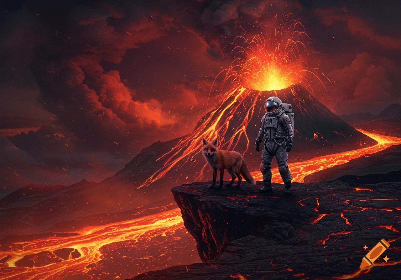 An astronaut and a fox stand on a rocky cliff overlooking a dramatic volcanic landscape with an erupting volcano and rivers of flowing lava.