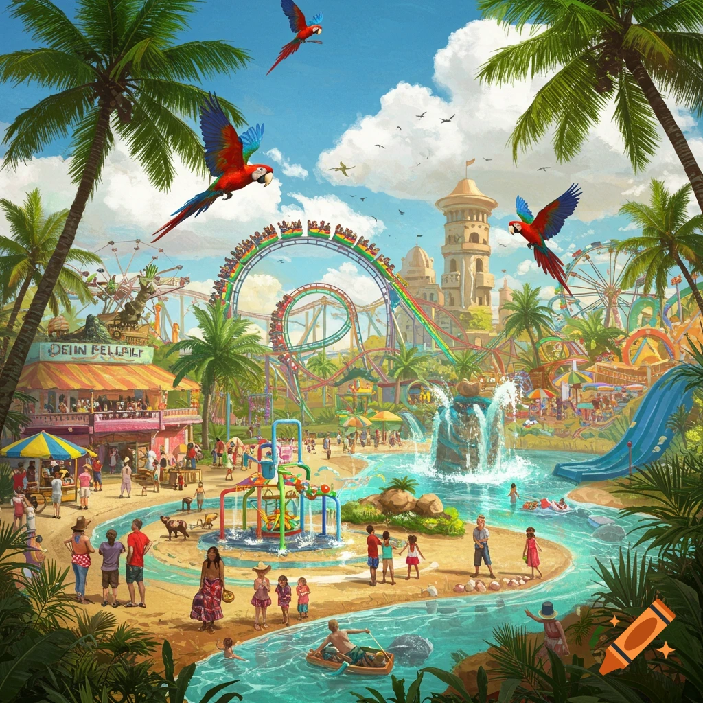 A vibrant tropical theme park scene with roller coasters, water slides, people, palm trees, and flying parrots under a blue sky.