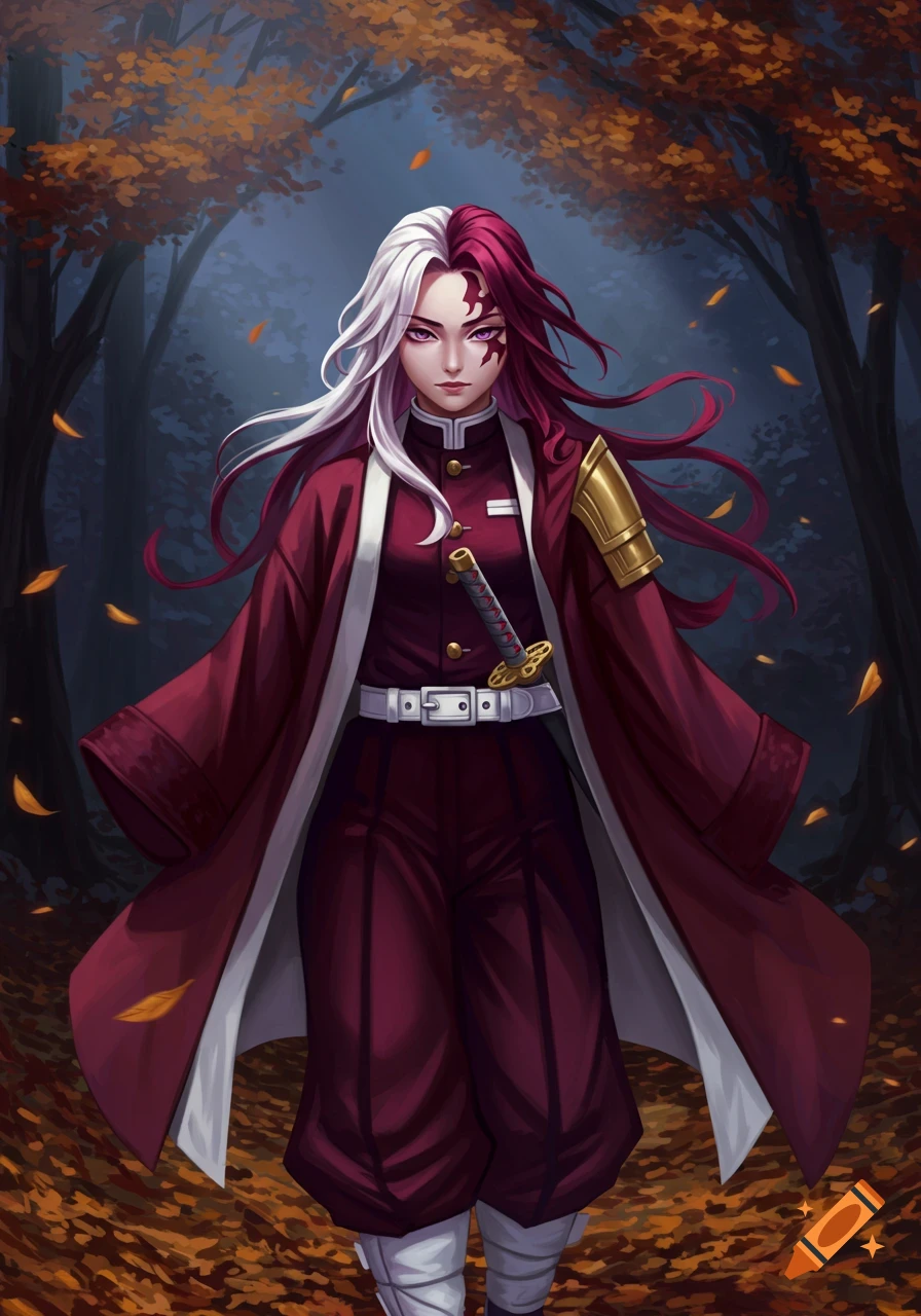 An anime girl with long white and burgundy hair, wearing a burgundy demon slayer uniform and coat, stands in an autumn forest.