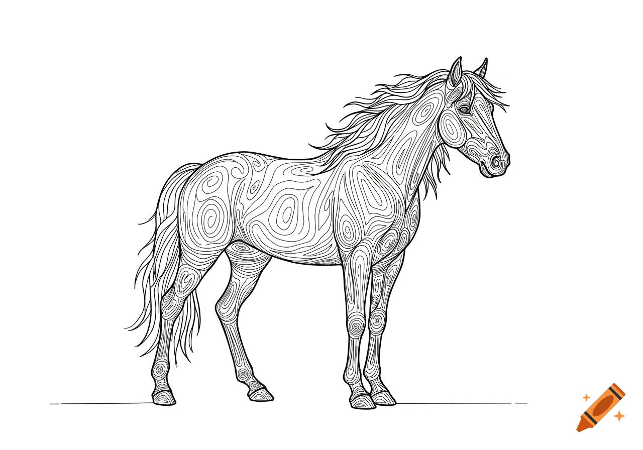 A minimalistic line drawing of a horse with swirling, free-flowing lines on a white background.