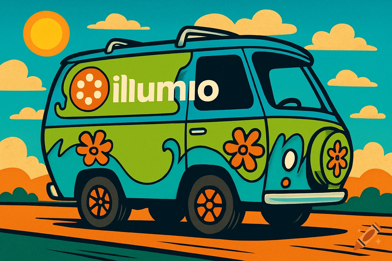 A colorful, groovy cartoon van with 'illumio' text, styled like the Scooby-Doo Mystery Machine, set against a retro landscape.